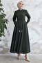 Sivya Collar Button Belt Knitted Abaya - Khaki