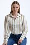 Women's Pistachio Green Balloon Sleeve Gather Detailed Oversize Striped Satin Shirt - 5