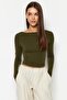 Khaki Deep Backless Fitted Cotton Stretchy Knitted Blouse TWOAW24BZ00173 - 3