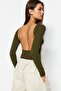 Khaki Deep Backless Fitted Cotton Stretchy Knitted Blouse TWOAW24BZ00173 - 4