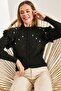 Women's Black Openwork Ruffled Pearl Stone Embroidered Knitwear Cardigan 20234121 - 4