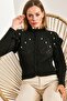 Women's Black Openwork Ruffled Pearl Stone Embroidered Knitwear Cardigan 20234121 - 5