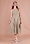 Oil Green Square Collar Thick Strap Midi Dress - 4