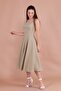 Oil Green Square Collar Thick Strap Midi Dress - 7