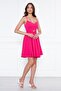 Fuchsia Back Rope Tied Woven Fabric Flared Pleated Mini Evening Dress - 4