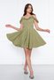 Oil Green Hanging Neck Boat Ruffle Detail Woven Fabric Pleated Mini Flared Evening Dress - 4