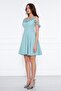 Women's Hanging Neck Boat Ruffle Detail Woven Fabric Pleated Mini Flared Evening Dress - 5