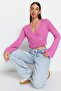 Pembe Crop Yumuşak Dokulu Kruvaze Triko Kazak TWOAW24KZ00381 - 3