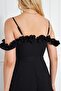 Atlas Fabric Adjustable Strap Ruffle Detailed Collar Pleated Flared Maxi Black Evening Dress 421 - 3
