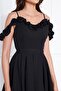 Women's Hanging Neck Boat Ruffle Detail Woven Fabric Pleated Mini Flared Evening Dress - 7