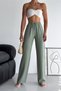 Women's Khaki New Season Double Pocket Drawstring Waist Modal Fabric Wide Leg Trousers - 5