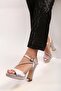 Women's Lili Silver Satin Stone Platform Heeled Shoes - 3