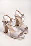 Women's Lili Silver Satin Stone Platform Heeled Shoes - 5