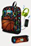 Kids Black Basketball Patterned 2-Piece School Bag Set with USB SET0223281