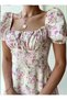 Light Yellow Dress with Tie-Neck Collar and Rose Pattern - 2