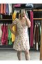 Light Yellow Dress with Tie-Neck Collar and Rose Pattern - 4