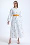Women's Orange Belted Crew Neck Floral Embroidered Balloon Sleeve Lined Long Brode Dress - 2