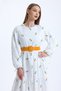 Women's Orange Belted Crew Neck Floral Embroidered Balloon Sleeve Lined Long Brode Dress - 4