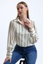 Women's Pistachio Green Balloon Sleeve Gather Detailed Oversize Striped Satin Shirt