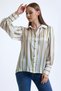 Women's Pistachio Green Balloon Sleeve Gather Detailed Oversize Striped Satin Shirt - 3
