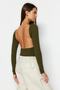 Khaki Deep Backless Fitted Cotton Stretchy Knitted Blouse TWOAW24BZ00173
