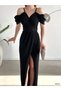 Women's Black Shoulder Detailed Belted Front Slit Detailed Imported Crepe Fabric Evening Dress - 5