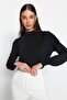 Siyah Dik Yaka Regular Fit Gipe Detaylı Esnek Örme Bluz TWOAW24BZ00022 - 3