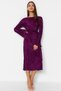 Purple Pleated Fabric Flare Sleeve Detail A-Line Midi Knit Dress TWOAW24EL00125 - 2