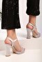 Women's Lili Silver Satin Stone Platform Heeled Shoes - 4