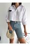 WOMEN'S WHITE CLOTHED OVERSIZED CROP POPLIN SHIRT GM5521 - 2