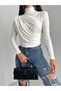 WOMEN'S LONG SLEEVE HIGH COLLAR SHOULDER AND WAIST STRAW DETAILED SANDY FABRIC BLOUSE LPP2219