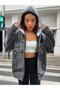 Unisex Anthracite Color Zippered Black Brooklyn Printed 3 Thread Fleece Cardigan / Jacket