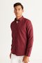 Men's Burgundy Slim Fit Narrow Cut Button Collar Cotton Pocket Oxford Shirt - 3