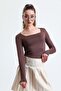 women's square collar brown long sleeve blouse - 2