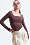 women's square collar brown long sleeve blouse - 4