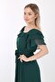 Women's Collar Flounced Belted Chiffon Emerald Green Shooting Dress - 6