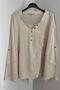 Women's Beige Foldable Sleeve Cotton Linen Blouse with Mesh Detail on Pocket Sleeves and Back