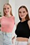 2-Piece Fitted Wide Piping Halter Neck Ribbed Flexible Knitted Crop Blouse Set