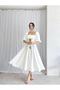 White Square Neck Balloon Sleeve Pleated Midi Dress