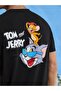 Plus Size Tom and Jerry Front and Back Detailed Oversize Crew Neck 100% Cotton Black T-shirt - 8