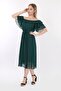 Women's Collar Flounced Belted Chiffon Emerald Green Shooting Dress