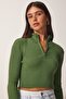 Women's Khaki Zippered Turtleneck Knitwear Sweater UB00120