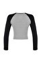 Gri Reglan Kol Ribana Fitted/Vücuda Oturan Crop Örme T-Shirt TWOAW24TS00000 - 8