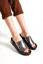 Capone Single Wide Band Stone Detailed Wedge Heel Metallic Women's Slippers