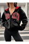 Unisex Black Color Zippered Red Brooklyn Printed 3 Thread Fleece Cardigan / Jacket - 5