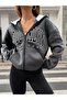 Unisex Anthracite Color Zippered Black Brooklyn Printed 3 Thread Fleece Cardigan / Jacket - 6