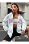 Unisex White Color Zippered Pink Brooklyn Printed 3 Thread Fleece Cardigan / Jacket - 6