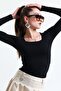 women's square neck black long sleeve blouse