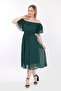 Women's Collar Flounced Belted Chiffon Emerald Green Shooting Dress - 3