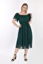 Women's Collar Flounced Belted Chiffon Emerald Green Shooting Dress - 4